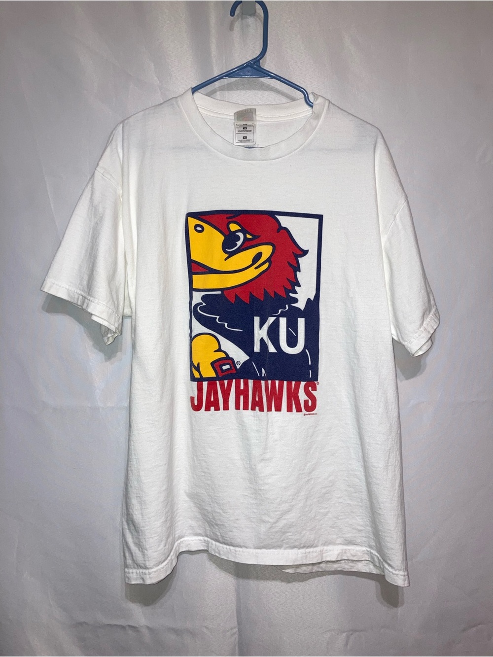 Fruit of the Loom White KU Jayhawks Graphic T-Shirt with Red, Yellow, Navy